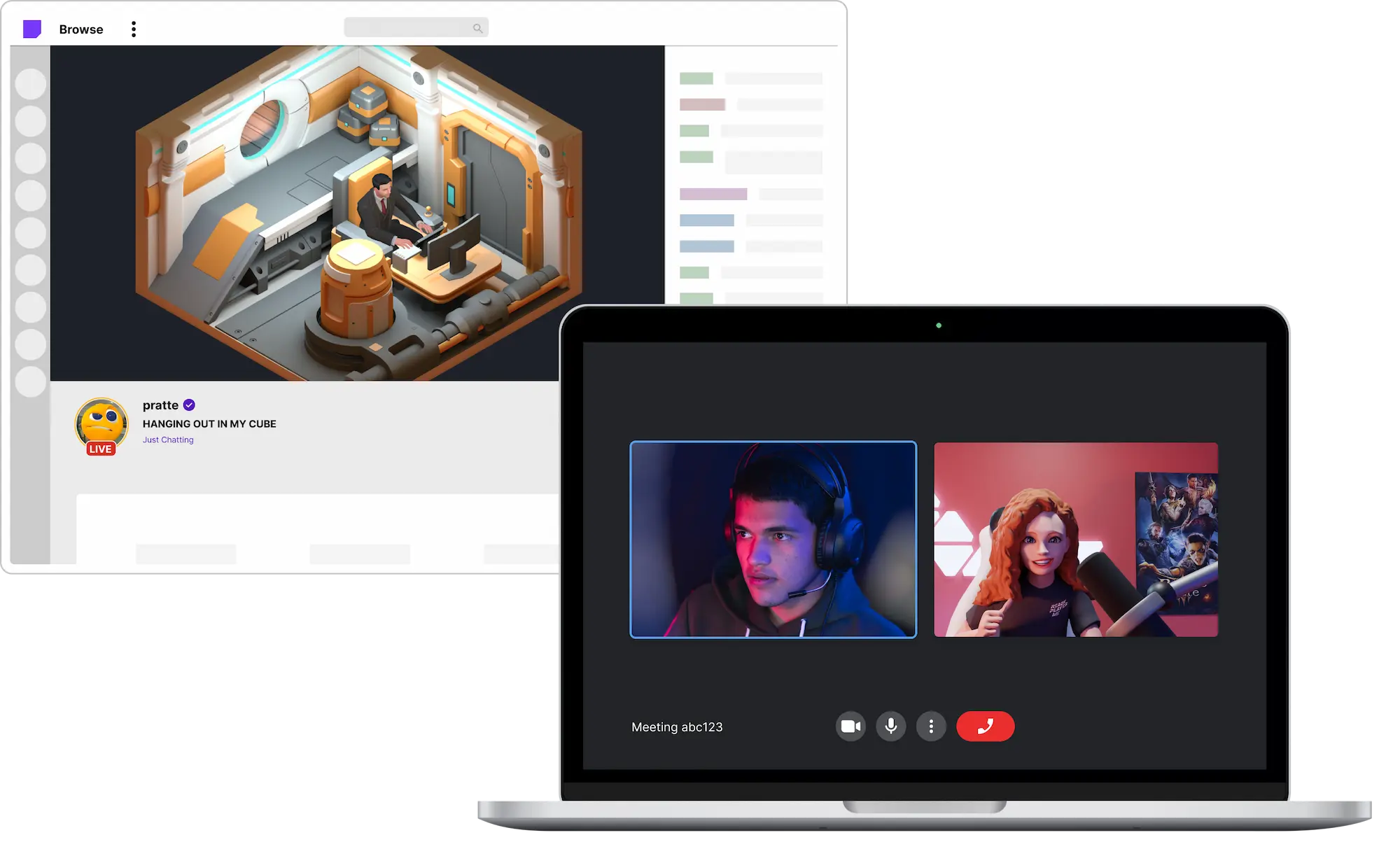 Laptop open to a video call with one user showing a video feed of themself and the other appearing as a 3D character. Behind it is a screenshot of a streaming service showing a 3D character seated in an isometric room